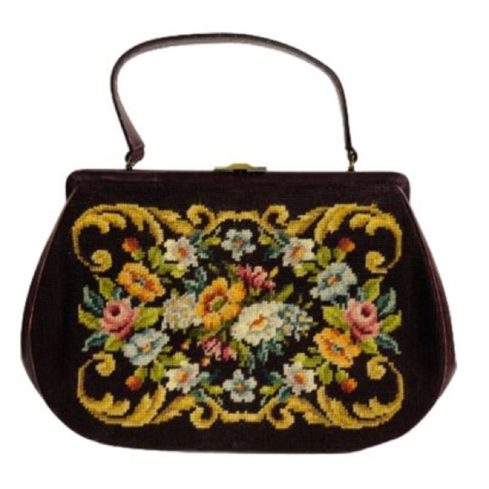 Vintage Handbag floral Needlepoint by SUPERIOR CUSTOM Dark plum, leather trim